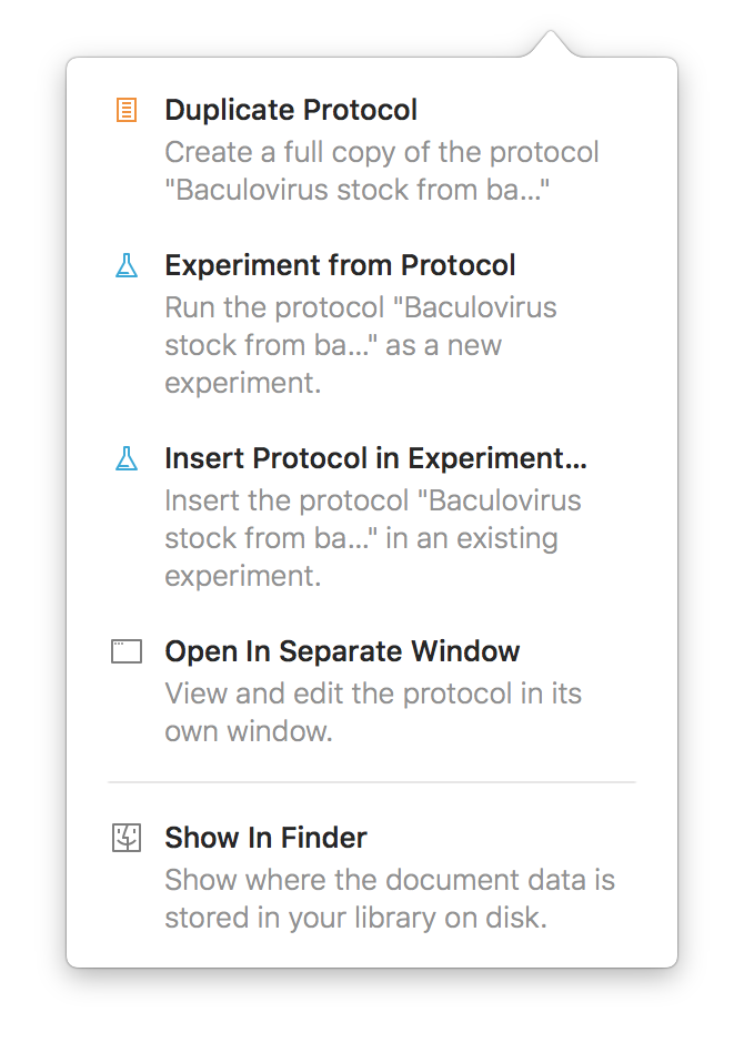 Screenshot of the protocol action popover